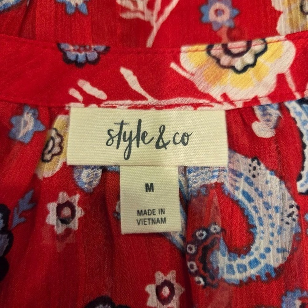 Style & Co Red Floral Paisley Semi-Sheer Popover Blouse Medium Boho Peasant Top - Picture 3 of 10